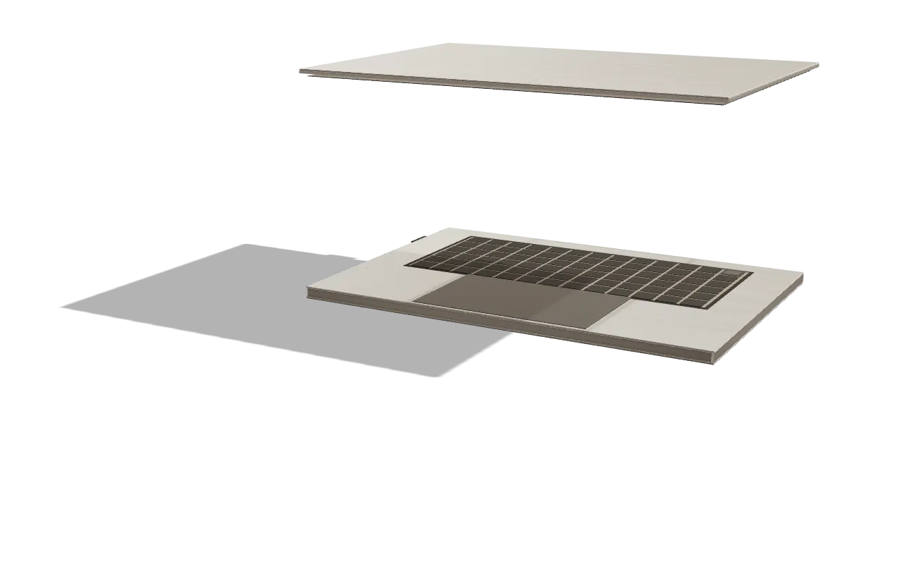 The laptop&rsquo;s display lifted straight up off the body, hanging above it.