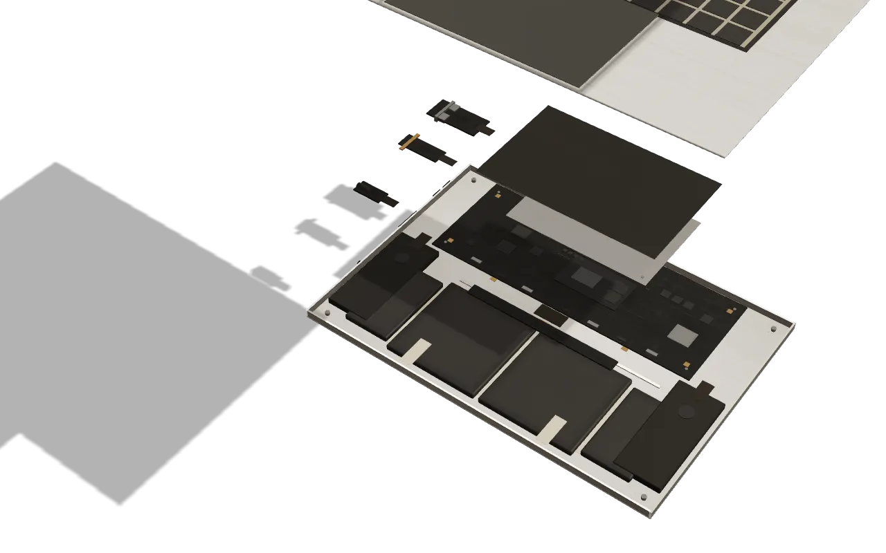 Seen from above, the shield plate, graphite sheet, and port boards raised off the logic board, the keyboard deck and display hanging higher still.