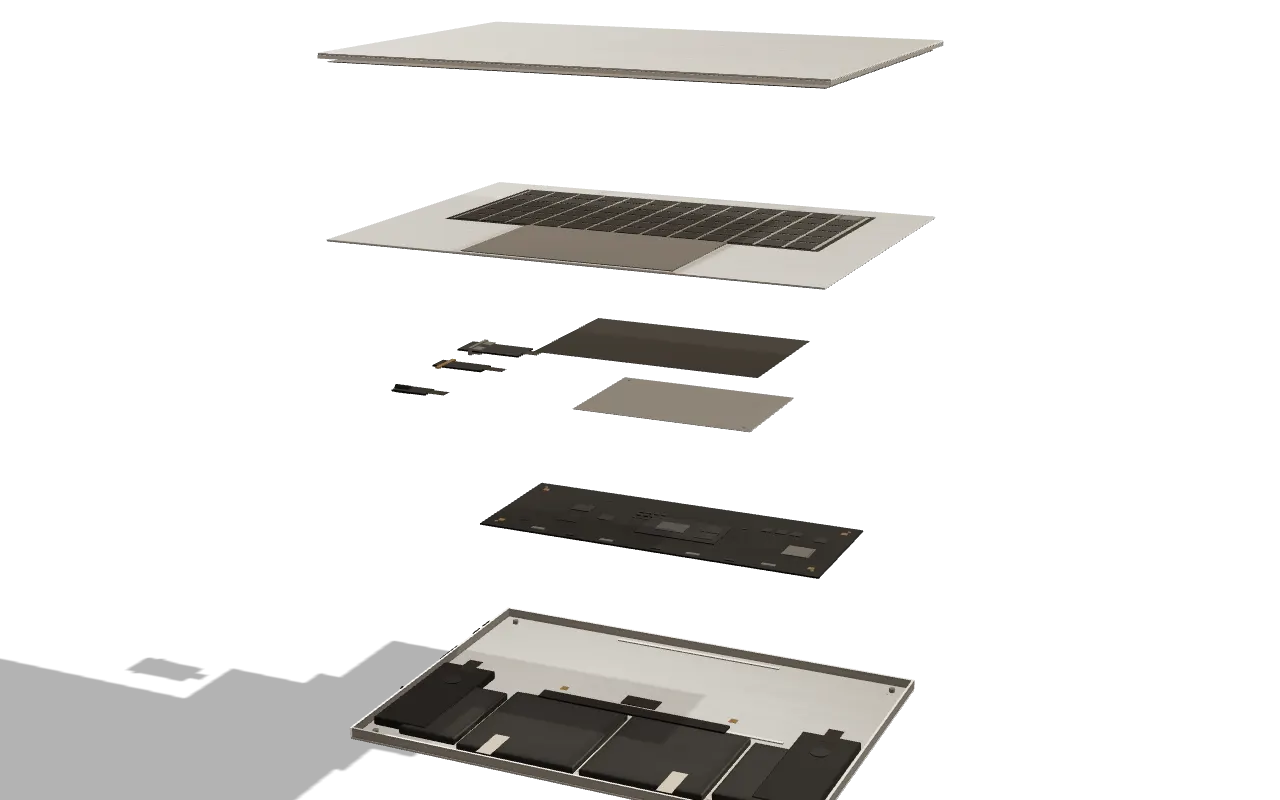 The whole laptop taken apart in mid-air: display, keyboard deck, thermal layers, port boards, logic board, battery, speakers, and lower shell, each above its place.